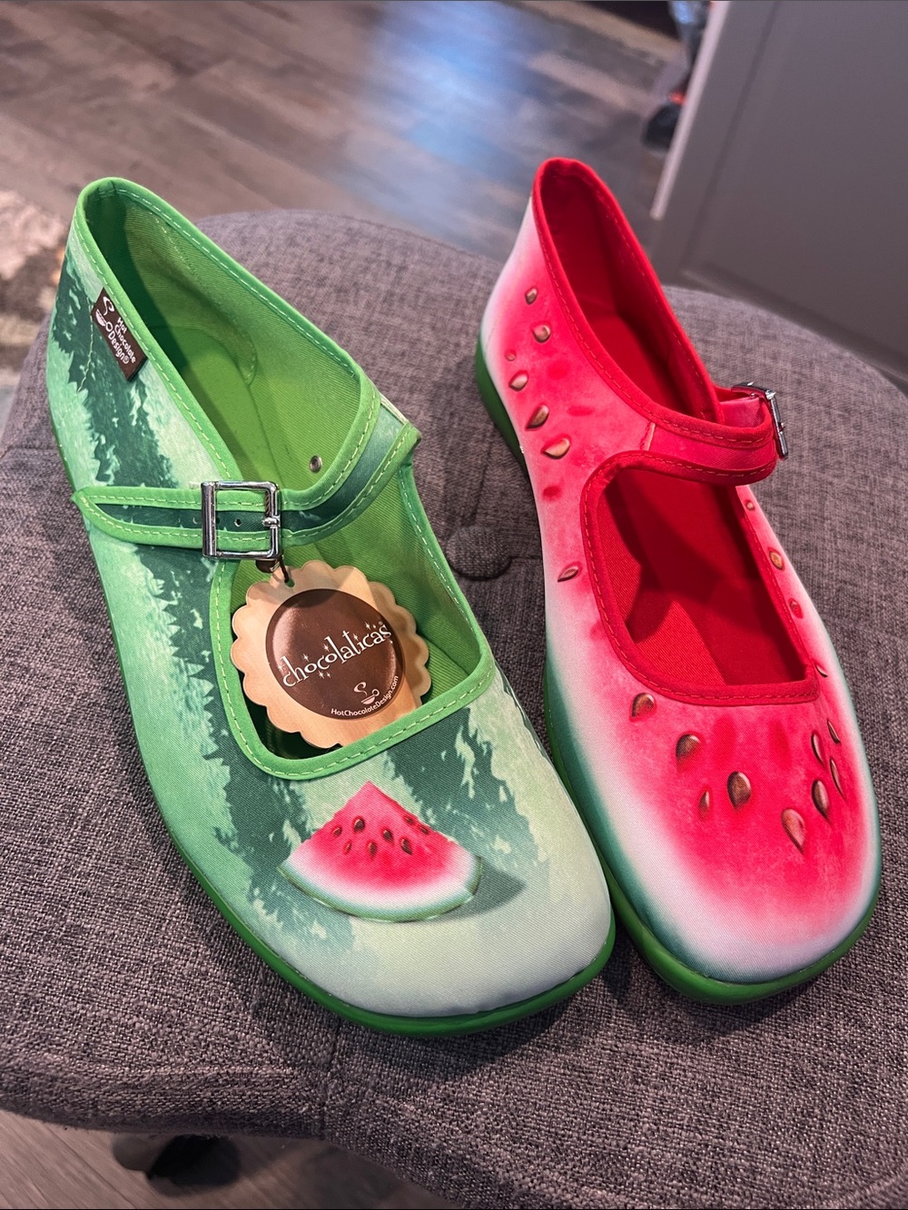 Chocolatica Watermelon Mary Jane Flats in Green & Pink